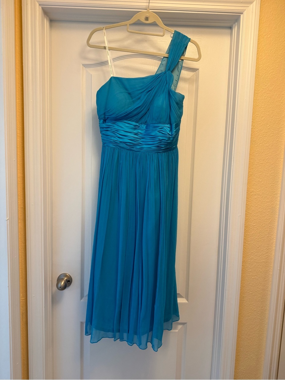 Maggy London One-Shoulder Turquoise Blue Chiffon Dress